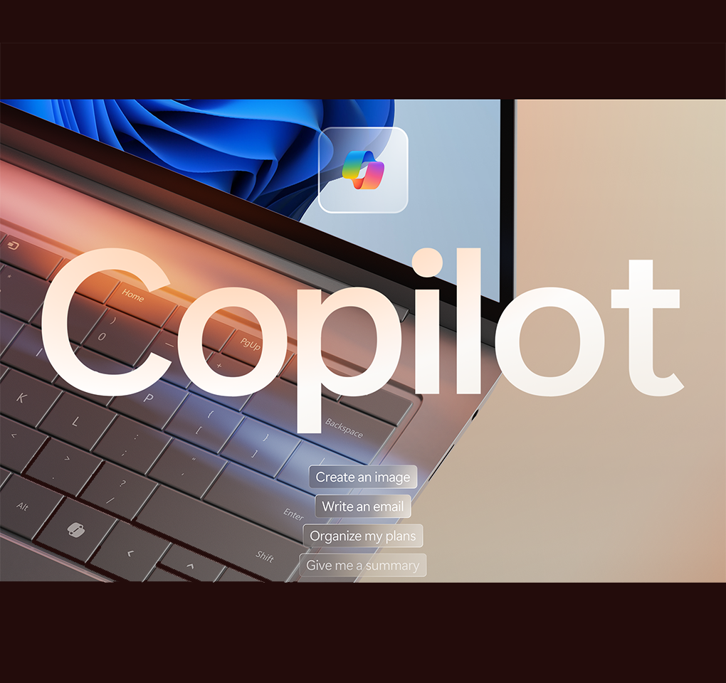 Hovering over a laptop keyboard, the word Copilot, its logo, and buttons reading create an image, write an email, organize my plans and give me a summary.