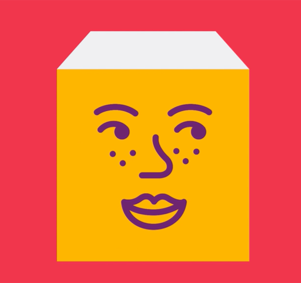 Orange box with a cartoon human face