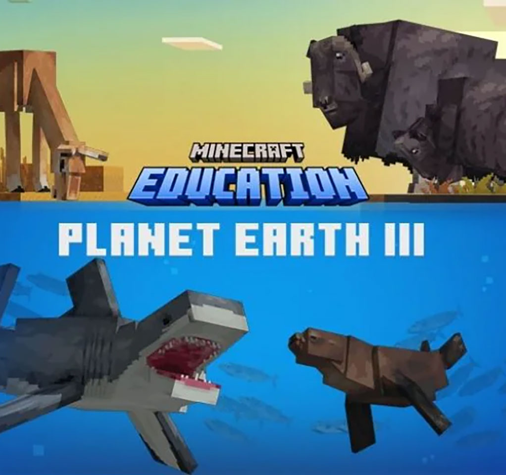 Blocky animal characters on the ground and undersea along with the words Minecraft Education Planet Earth III
