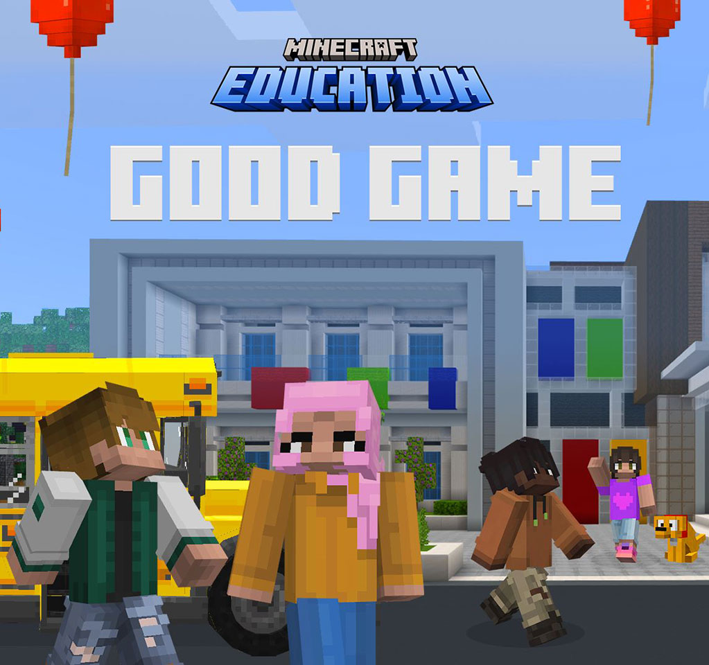 Four Minecraft characters walking from a school bus to a school