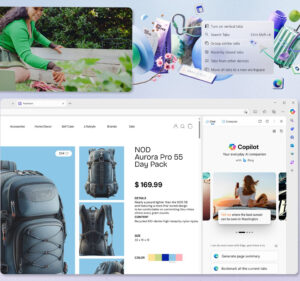 Collage of elements displayed on Microsoft Edge, including a backpack and a woman gardening