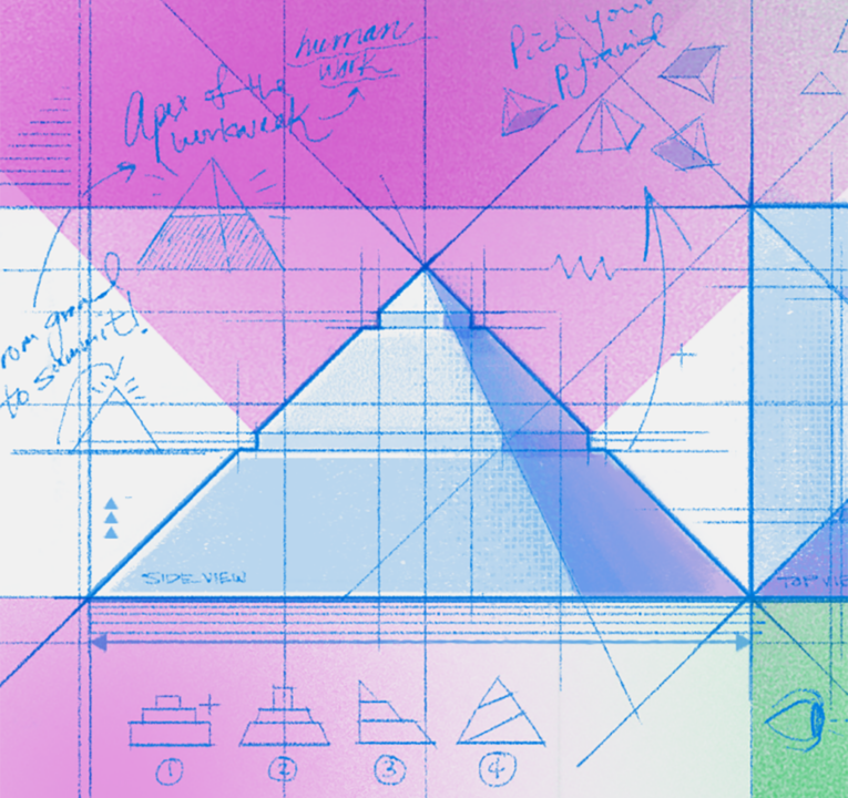 A series of pyramids drawn on drafting paper