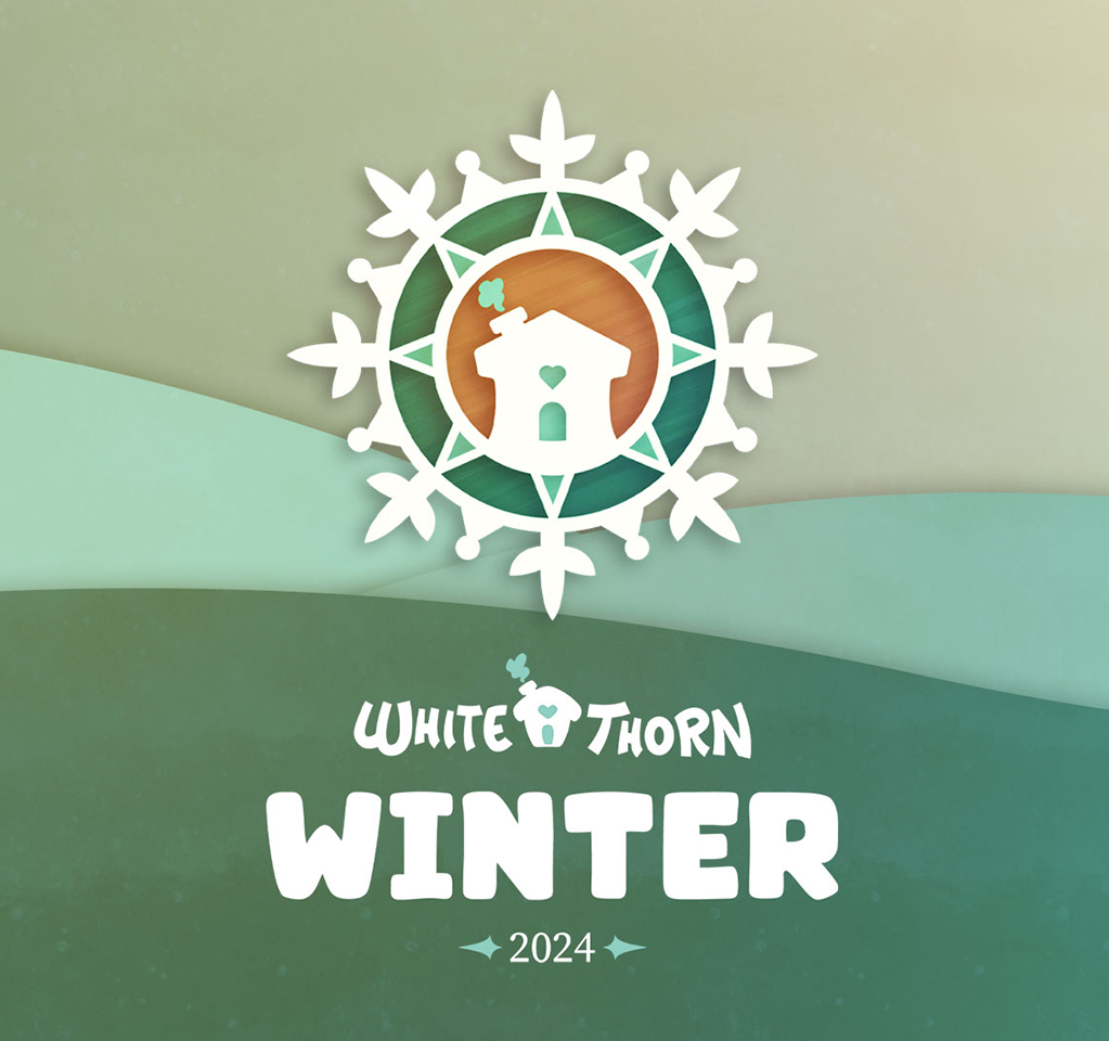 Stylized image of a snowflake with a house inside it, along with the words White Thorn Winter 2024