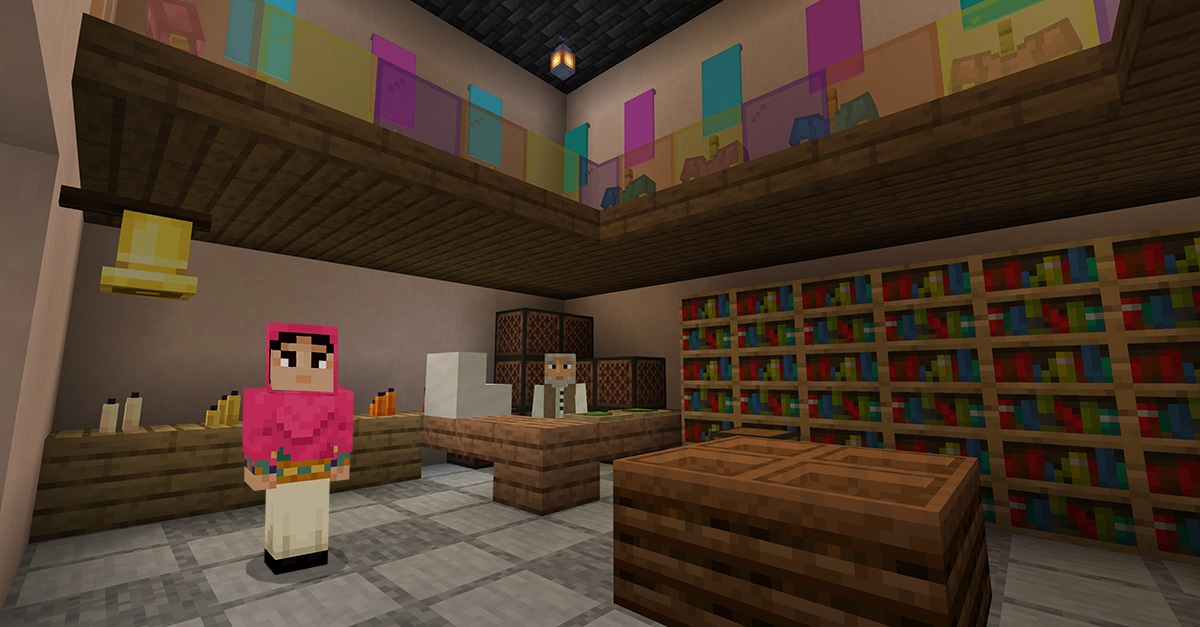 Minecraft environment showing a woman in a library with another person