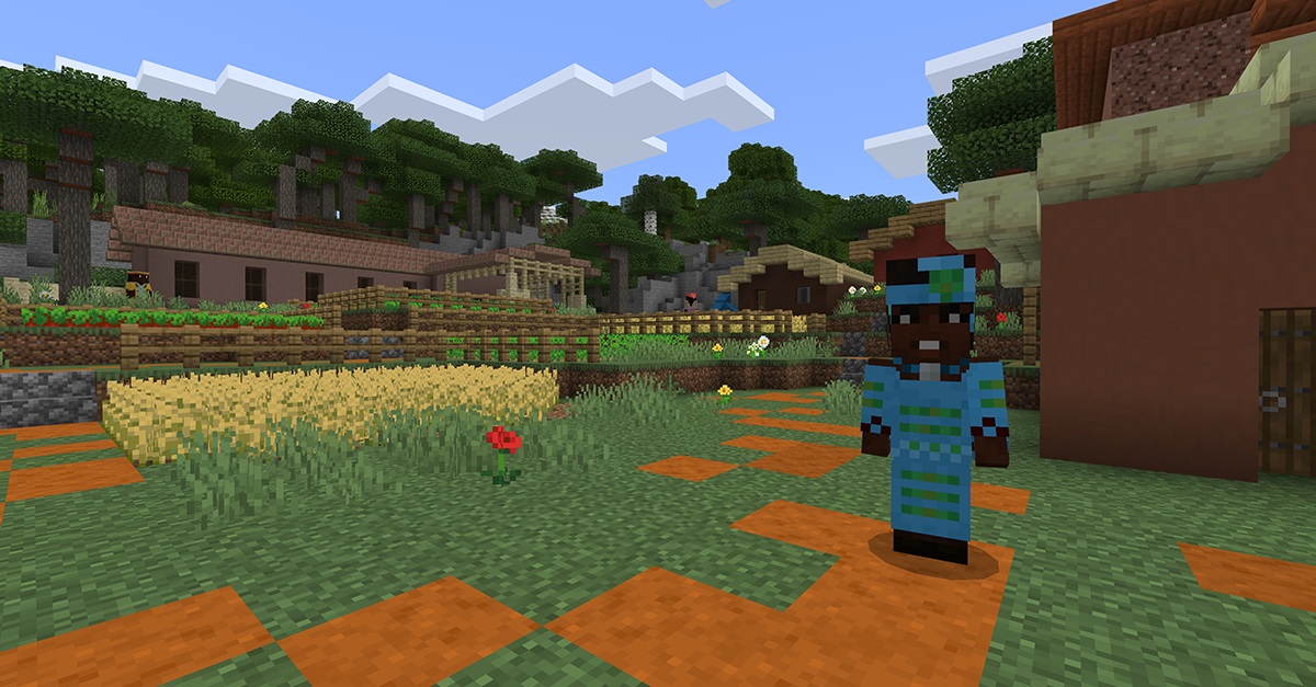Minecraft environment showing a farm with a person in blue standing to the side