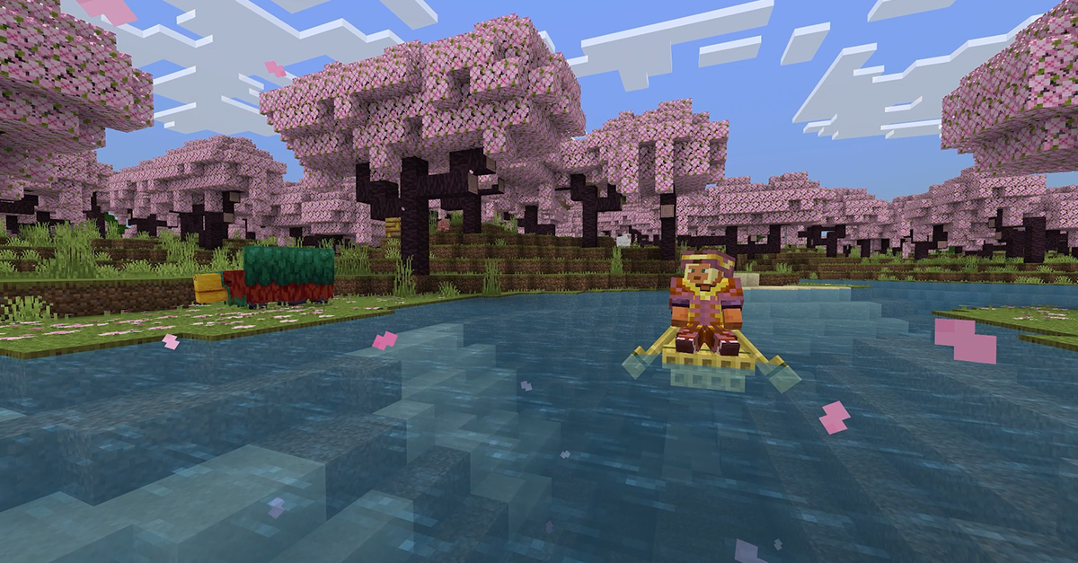 Minecraft environment showing a person rowing a boat across water surrounded by cherry blossoms