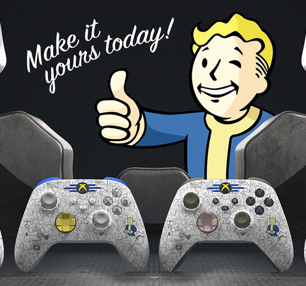 Vault Boy character from Fallout gives thumbs up with two Xbox controllers and the words: Make it yours today