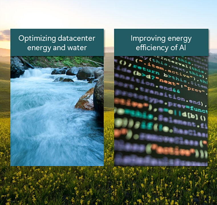 Two photos, one reading optimizing datacenter energy and water, and the other reading improving energy efficiency of AI