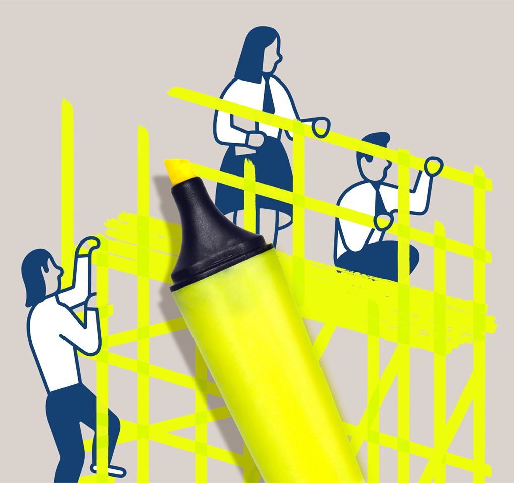 Illustration of three people climbing to the top of a structure being built by a yellow highlight marker