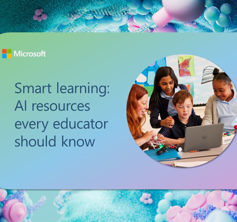 Teacher in class with students, along with the words Smart learning: AI resources every educator should know