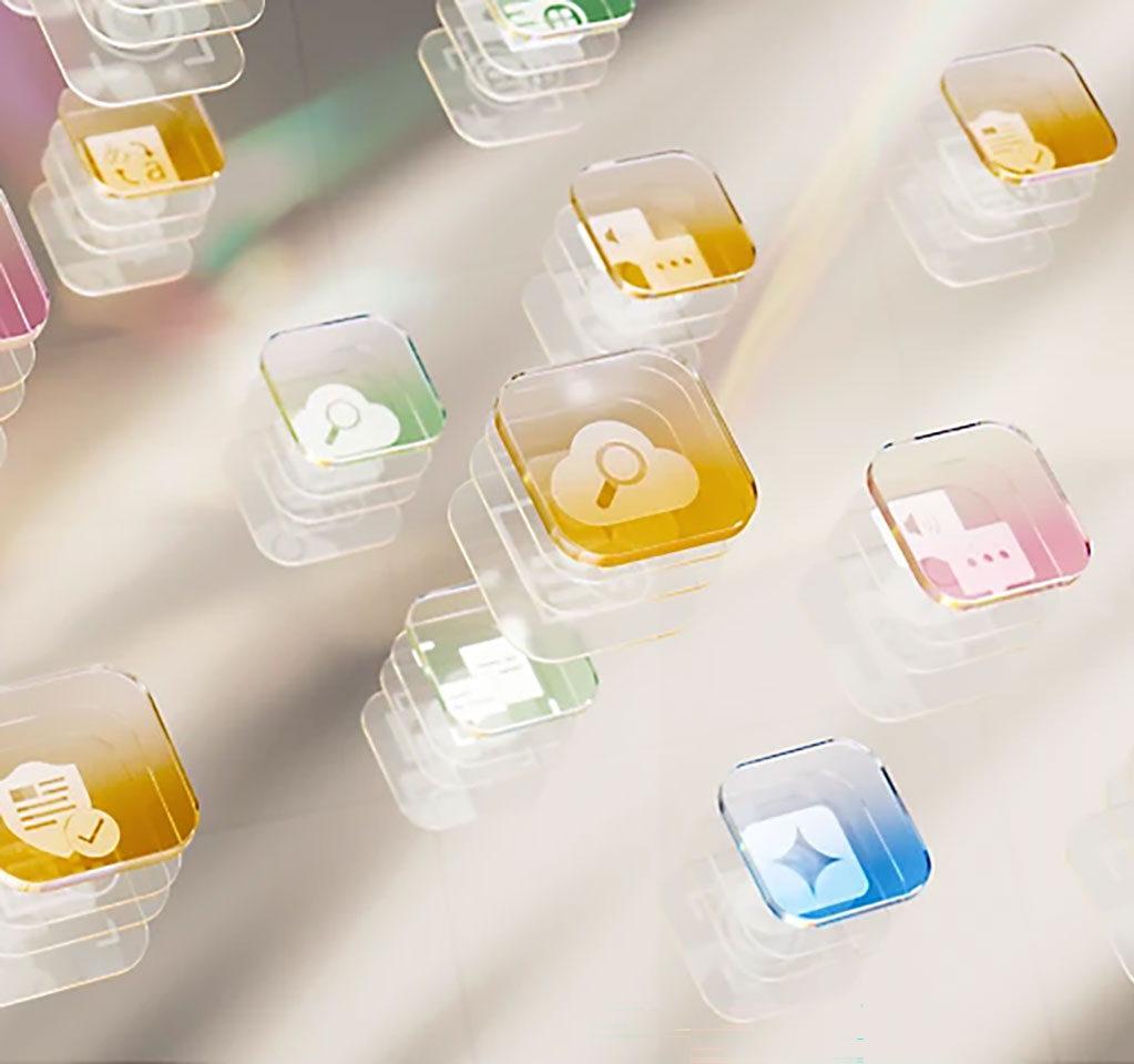 Layers of translucent square buttons, each with an icon