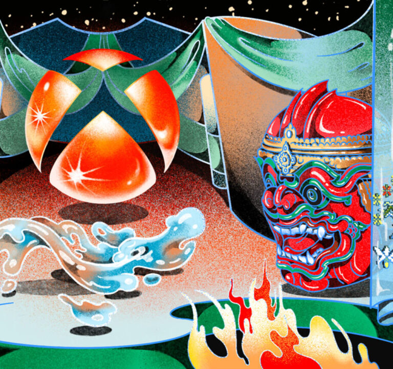 Xbox logo within an Asian themed collage including a mask and flames