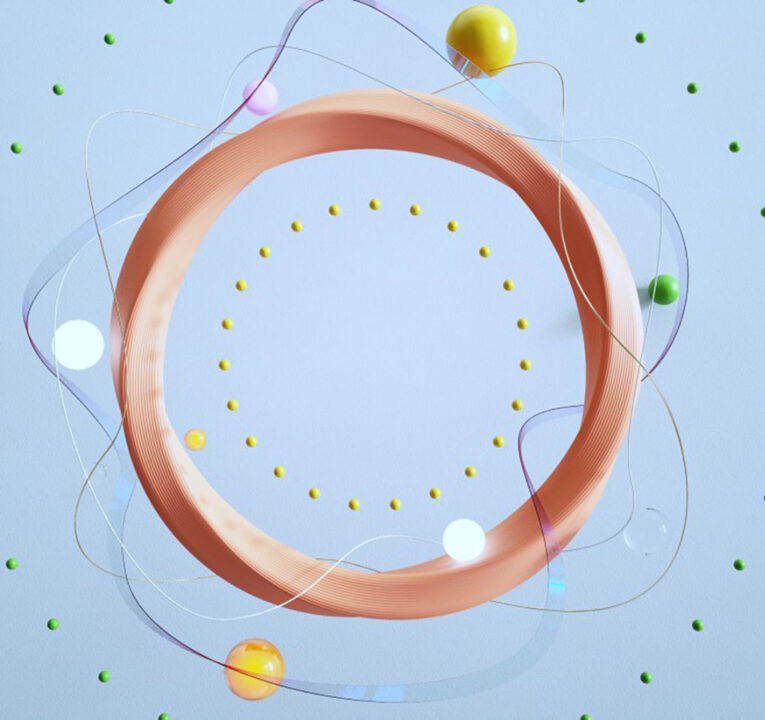 A ring surrounded by orbiting spheres against a blue background