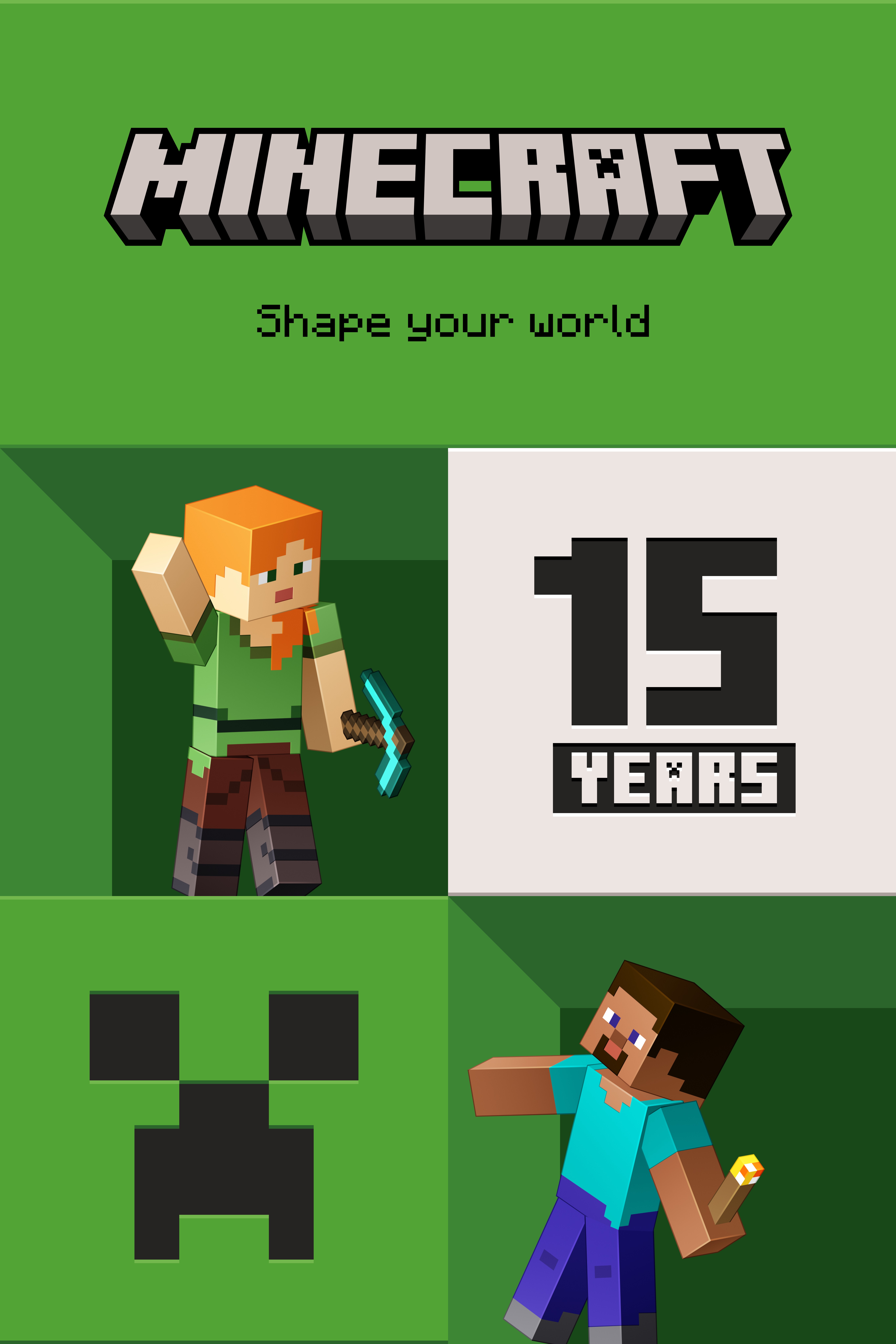 Minecraft figures diagonal to logo and 15 years text