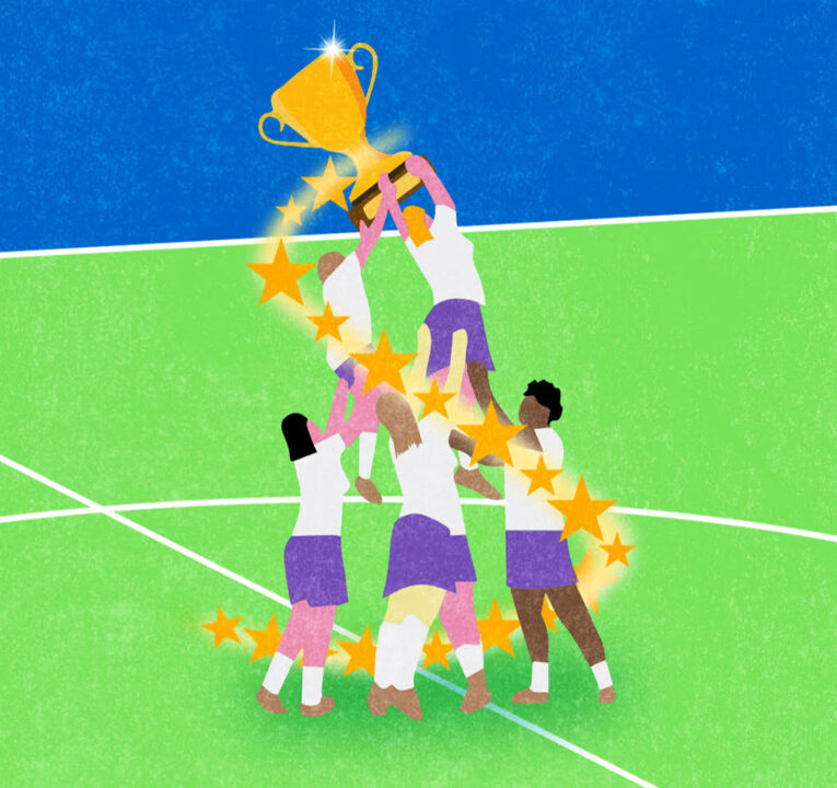 Illustration of five soccer players holding up a trophy