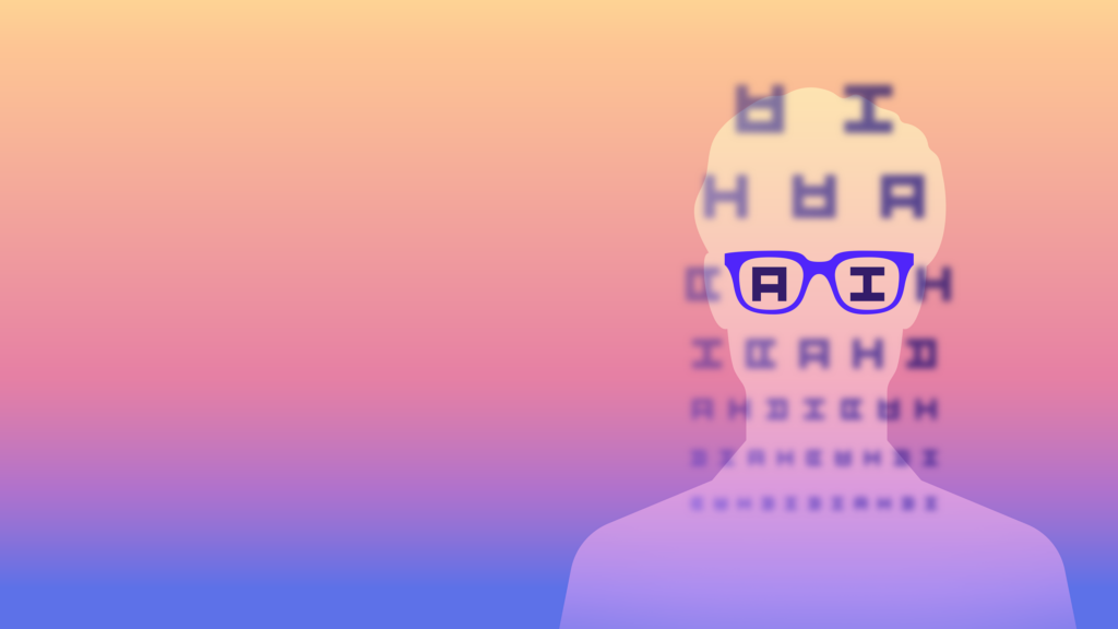 A person with AI glasses on a multi colored background