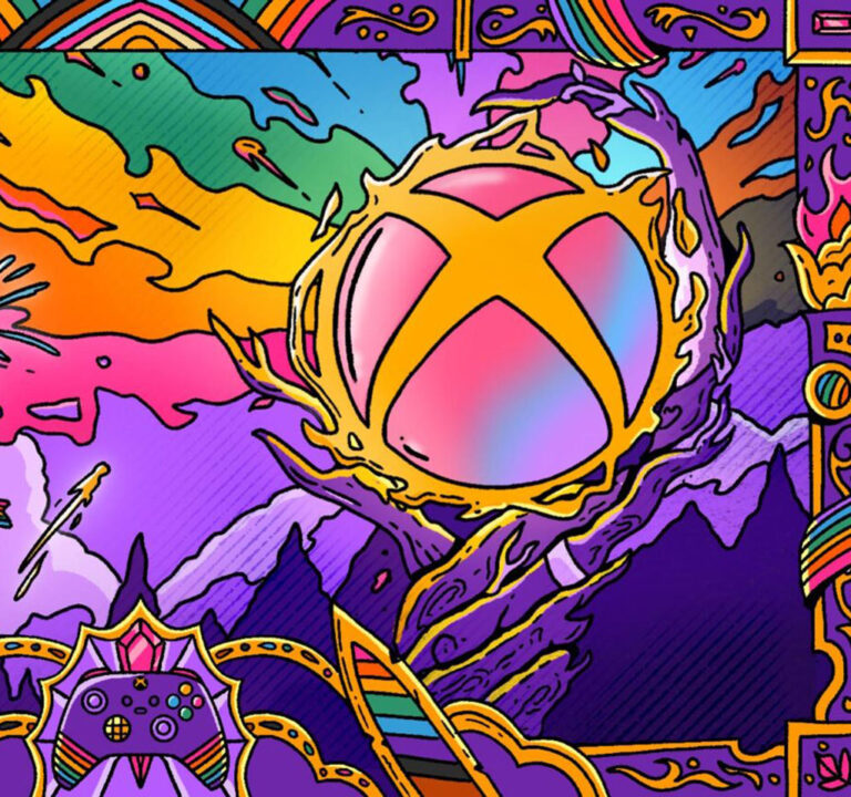 Xbox logo against a colorful mountainous background