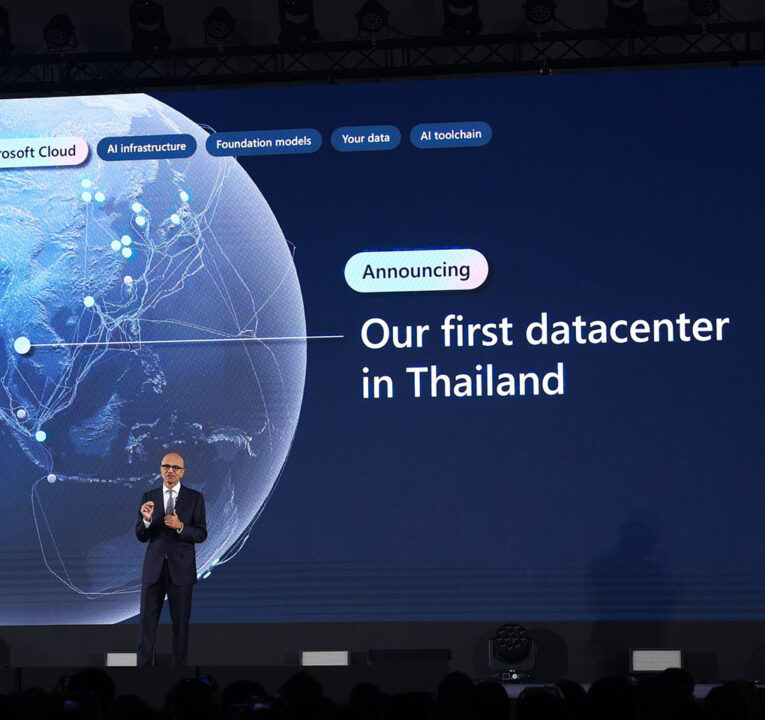 Satya Nadella in front of a globe focused on Asia, along with the words our first datacenter in Thailand