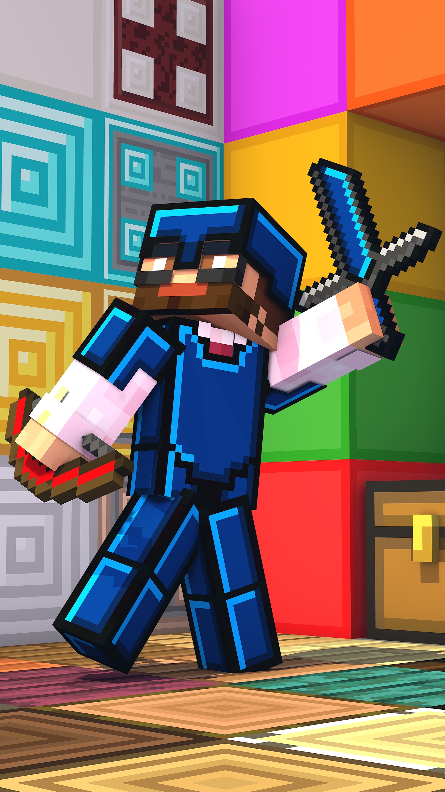 Minecraft figure in front of a colorful background of blocks