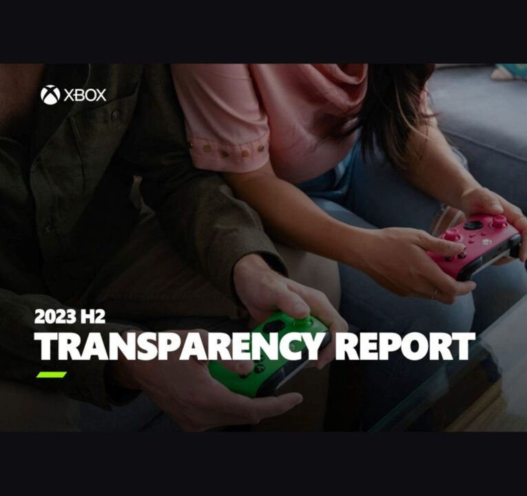 Two pairs of hands holding Xbox controllers along with text reading Xbox 2032 H2 Transparency Report