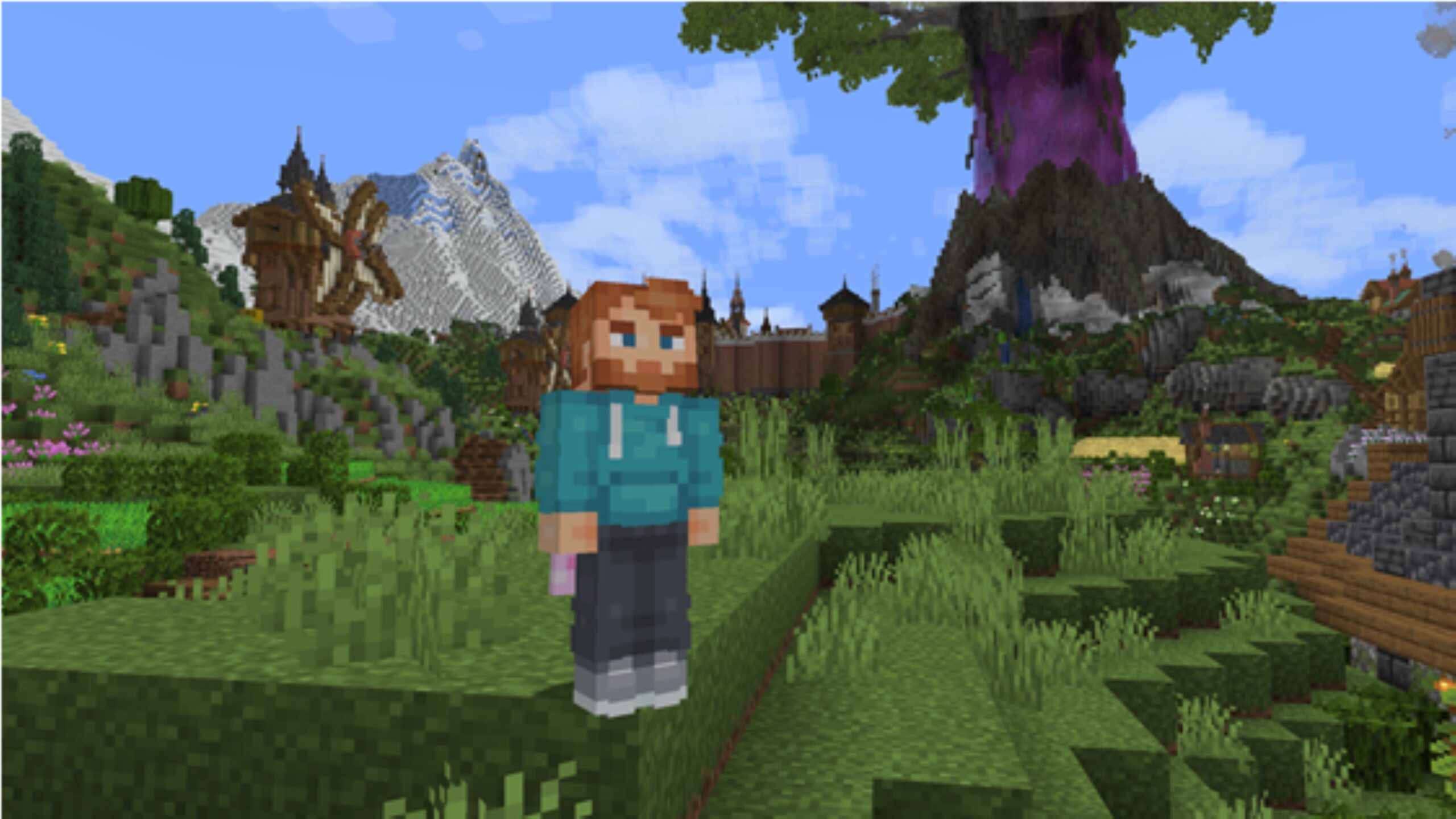 Minecraft figure standing in a meadow under a tree