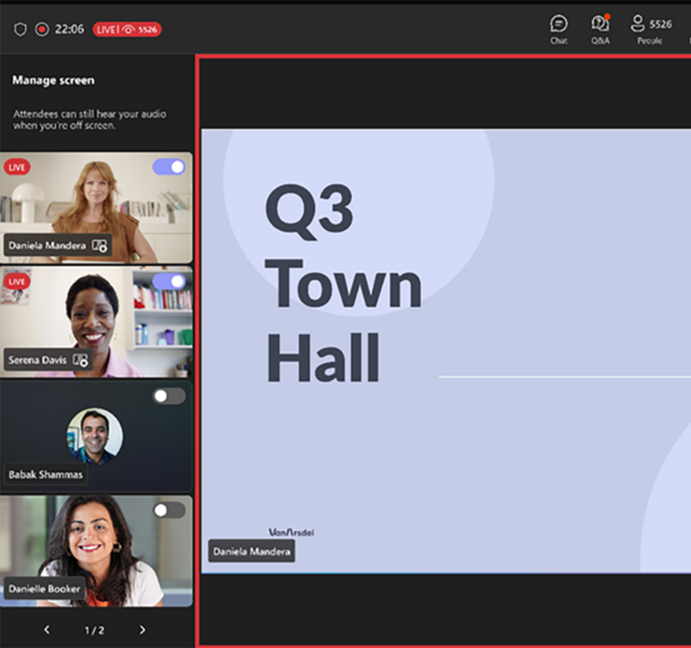 Fur people in a Microsoft Teams meeting along with a slide that reads Q3 Town Hall