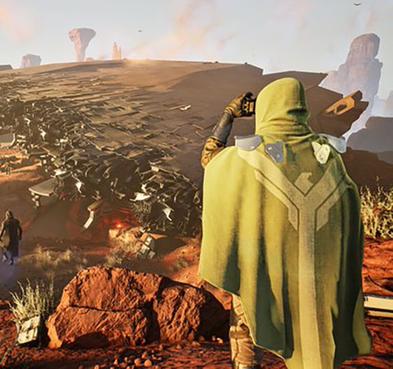 Character from Dune uses a viewing device to survey a landscape from the game