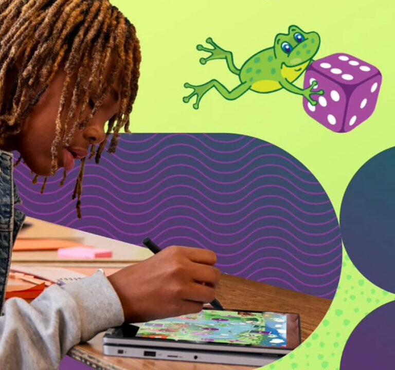 Student working at a tablet computer next to a cartoon of a frog in mid-leap holding a dice