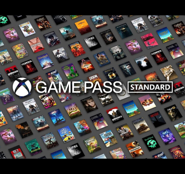 The words Game Pass Standard along with the Xbox logo against a background of game title art