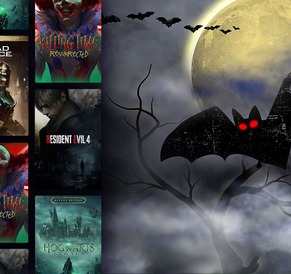 Bat flying under a full moon, along with title art from Xbox games