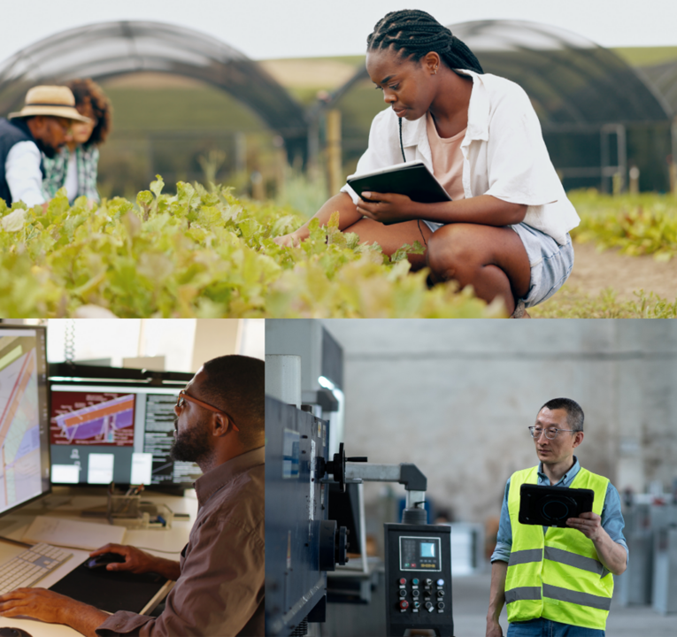 Collage of people working in various settings with computers