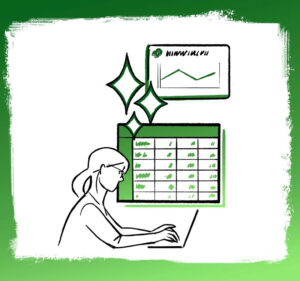 Drawing of a woman working on a chart and a spreadsheet