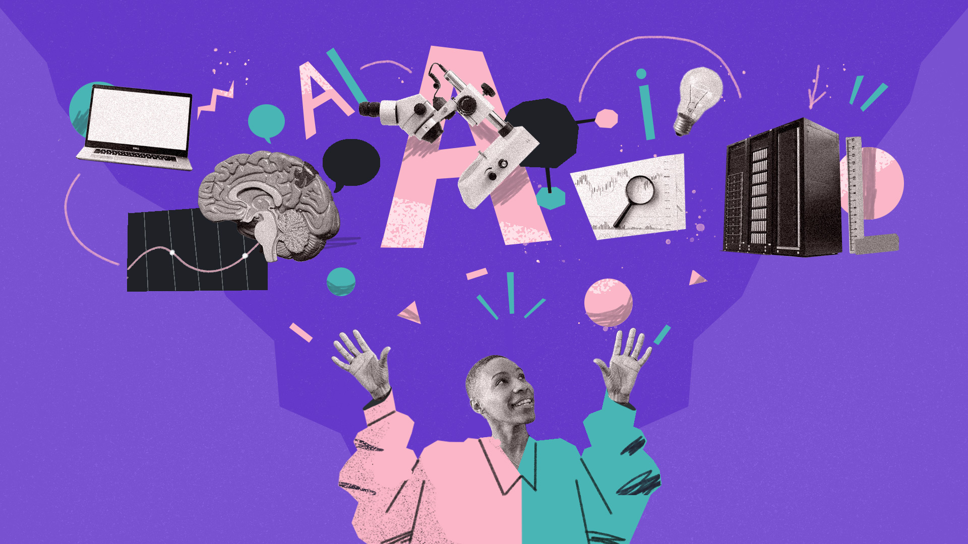 A vibrant illustration of a person joyfully raising their hands against a purple background, surrounded by AI-related elements including a brain, robotic arms, a laptop, a server, and a magnifying glass. The letters 'AI' are prominently displayed, with abstract shapes and symbols scattered throughout the design.