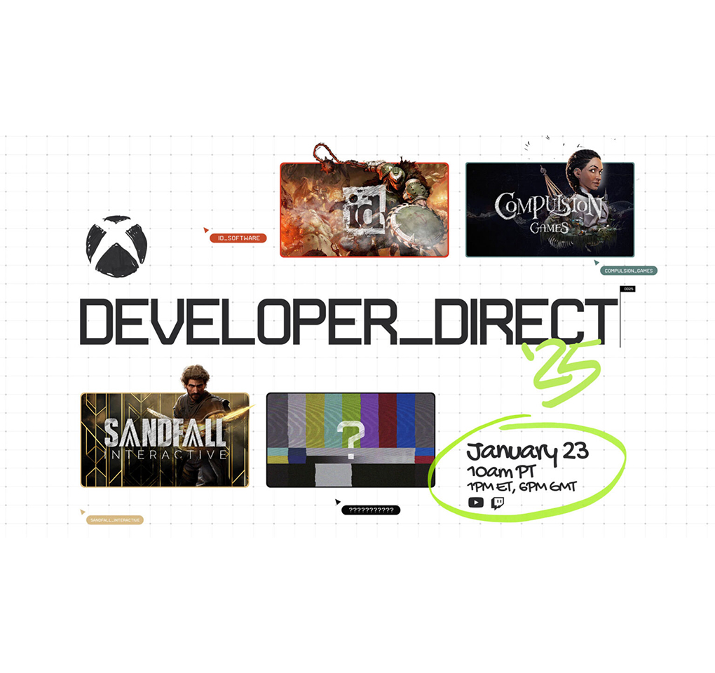 Xbox logo and title art from four games along with the words Developer Direct and the time of the event: January 23 at 10 a.m. PT