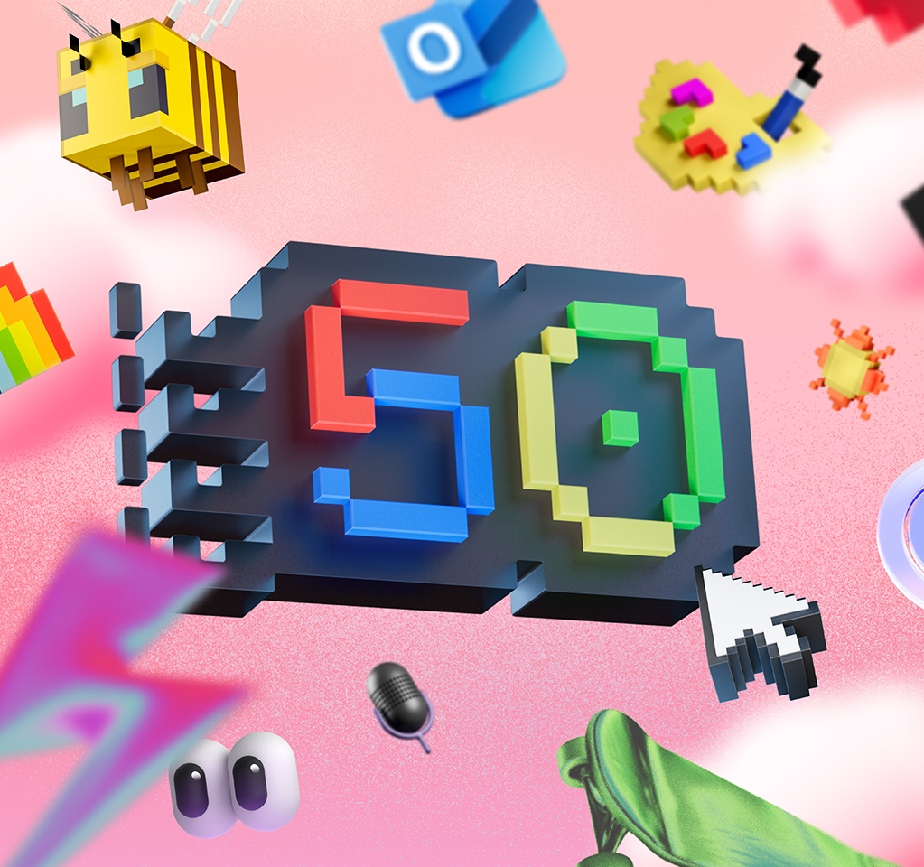 The number 50 in pixelated text along with various icons in 3-D