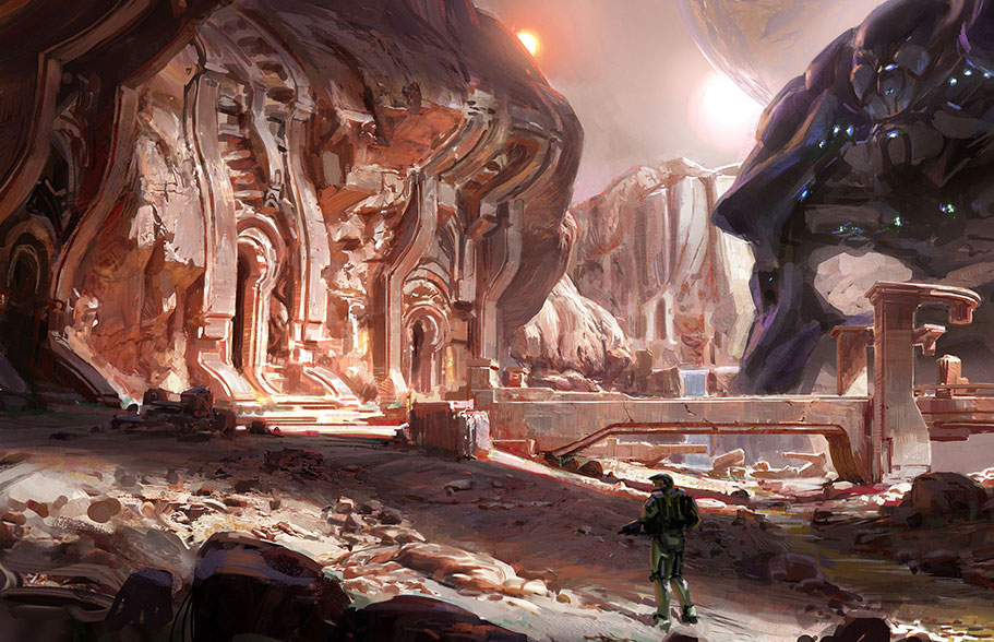 Sanghelios concept art concept art: Master Chief walking among alien ruins in a desert environment