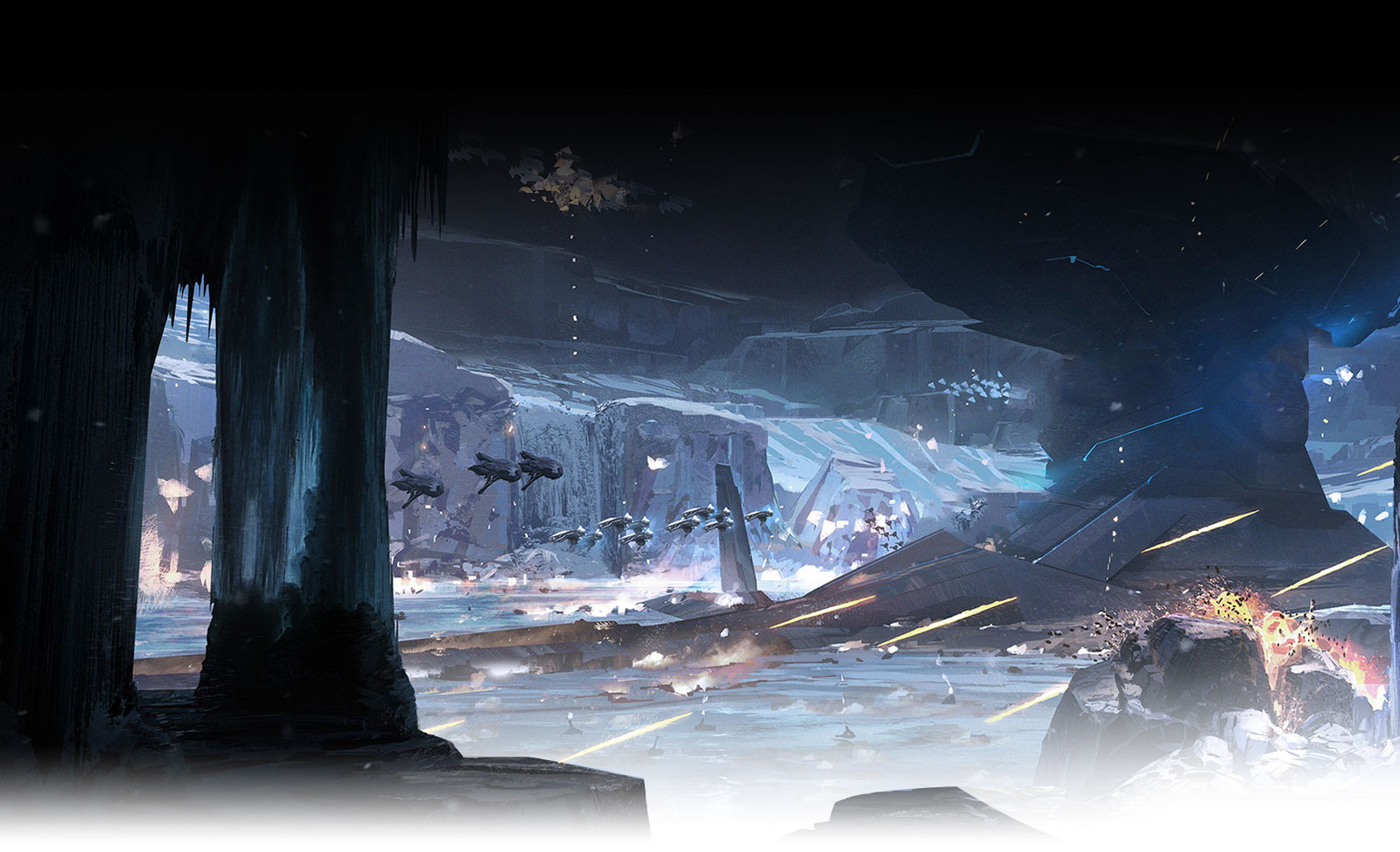 Spacecraft fly through an icy cave environment battlefield in Halo 5: Guardians concept art