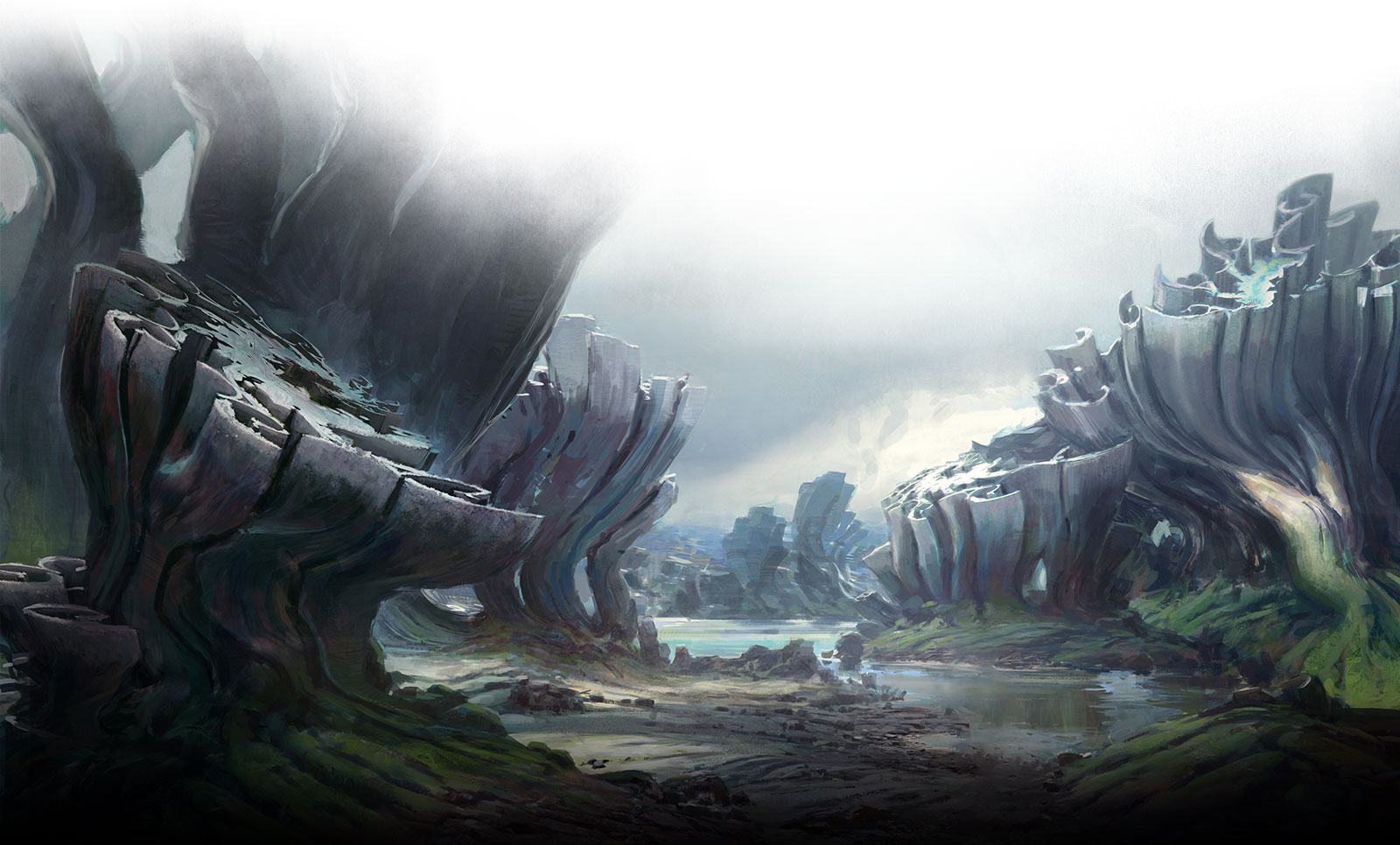 Halo 5 Guardians concept art: Master Chief walking among coral-like structures in alien landscape