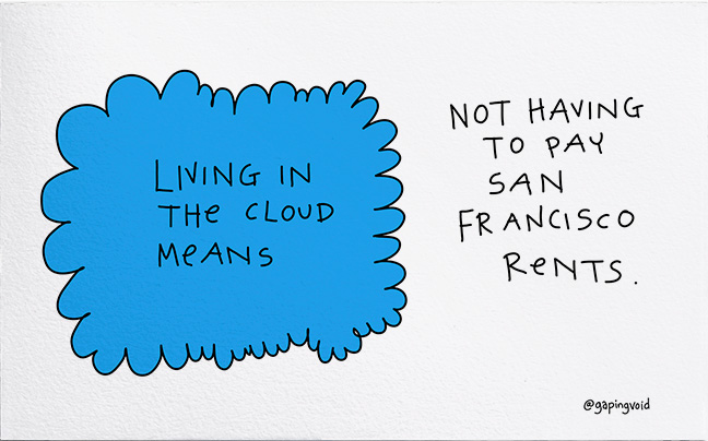 Hugh Macleod Illustrated Business Card: Living in the cloud.