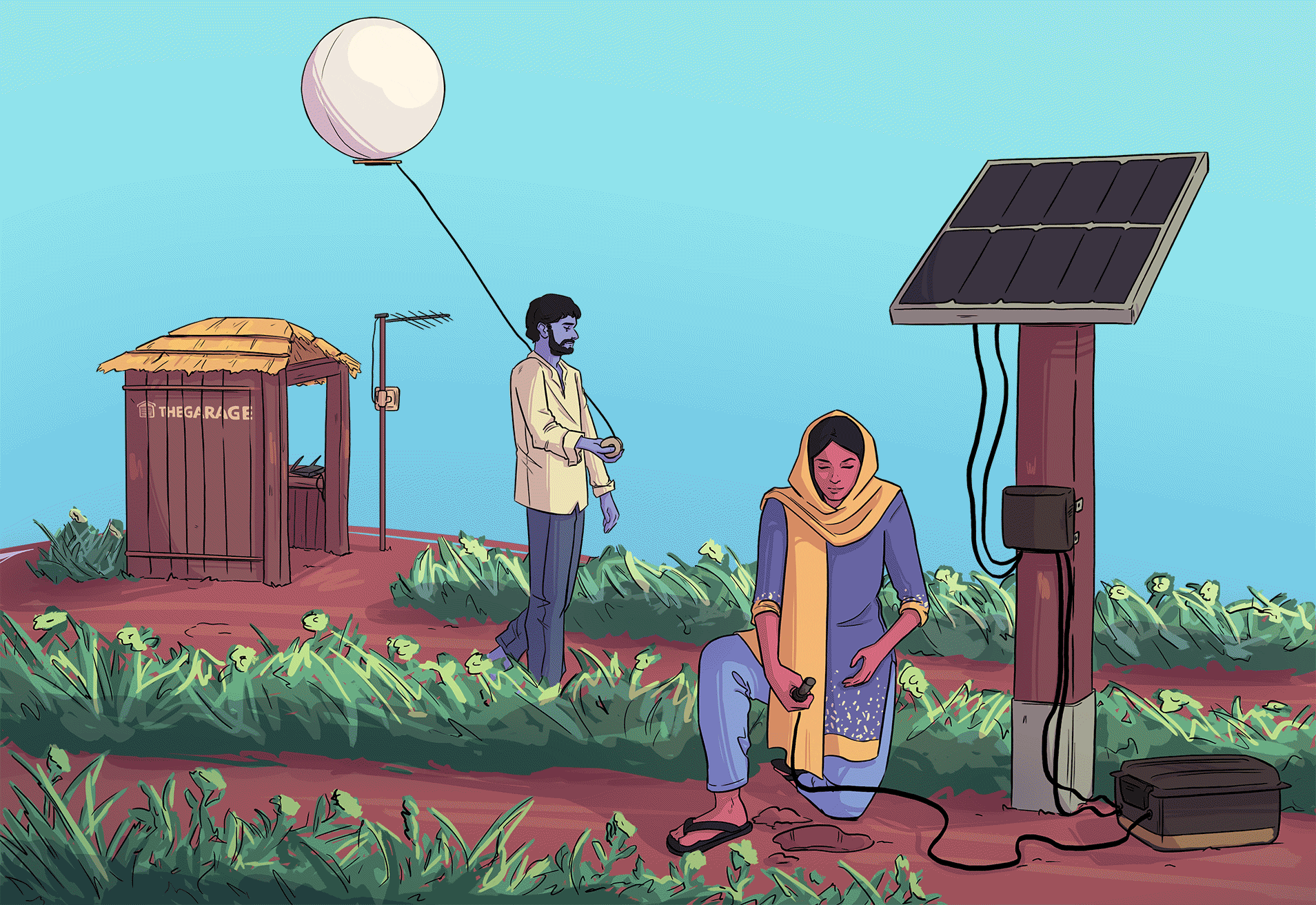 Illustration of a man and woman using connected devices to monitor crops on a farm.