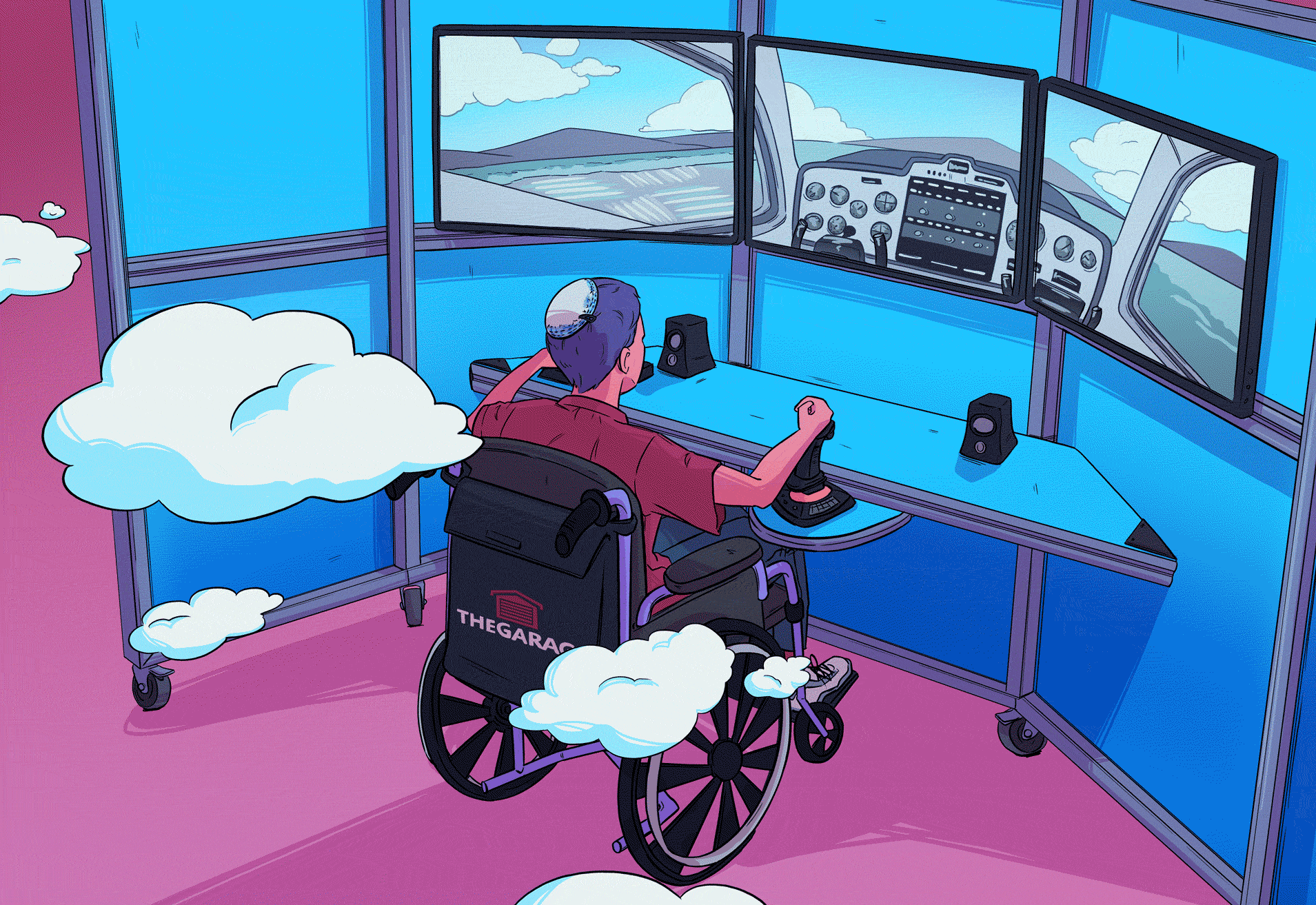 Illustration of a boy in a wheelchair playing Microsoft Flight Simulator on a PC.