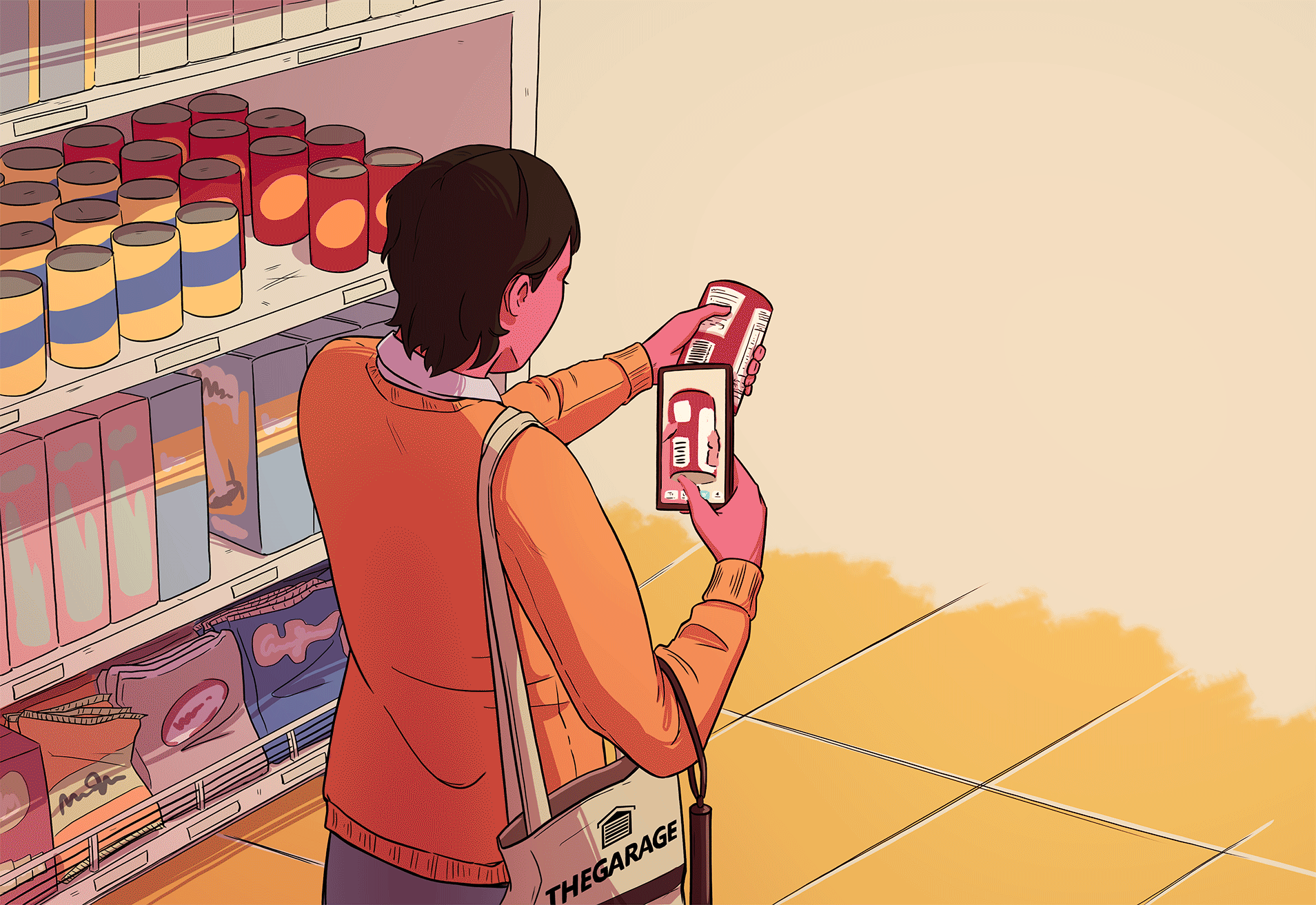Illustration showing a woman in a grocery store aisle using a phone app to read the label on a soup can.