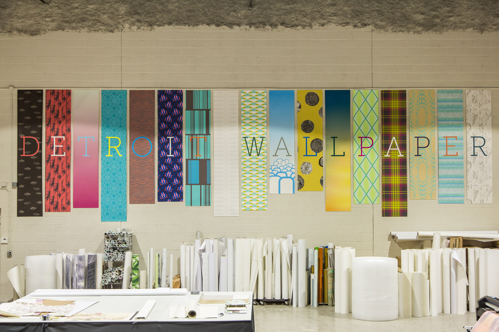 Photo showing panels of wallpaper spelling out Detroit Wallpaper.