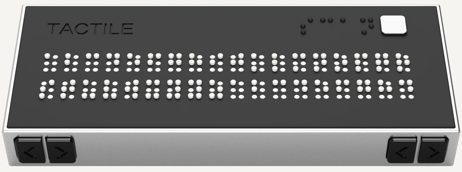 CAD rendering of a slim, rectangular black device with two rows of 18 Braille characters on its face and the word “TACTILE”