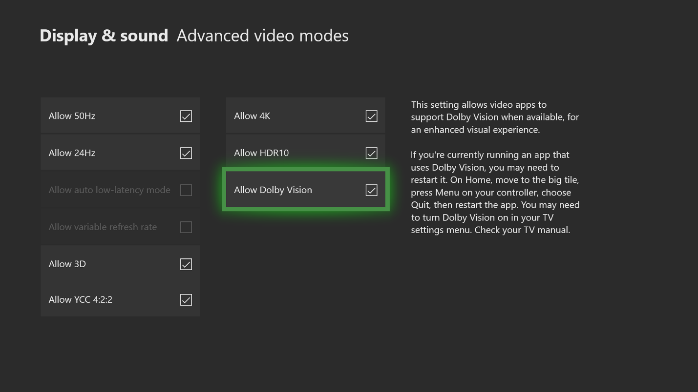 Dolby Vision на Xbox One - скриншот страницы настроек
