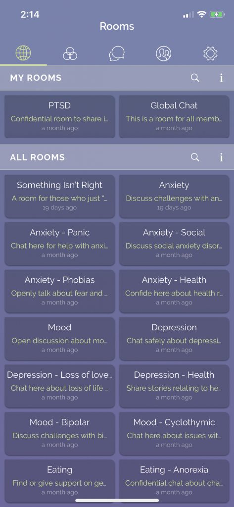 The app shows a list of its available rooms, inluding PTSD, anxiety and depression.