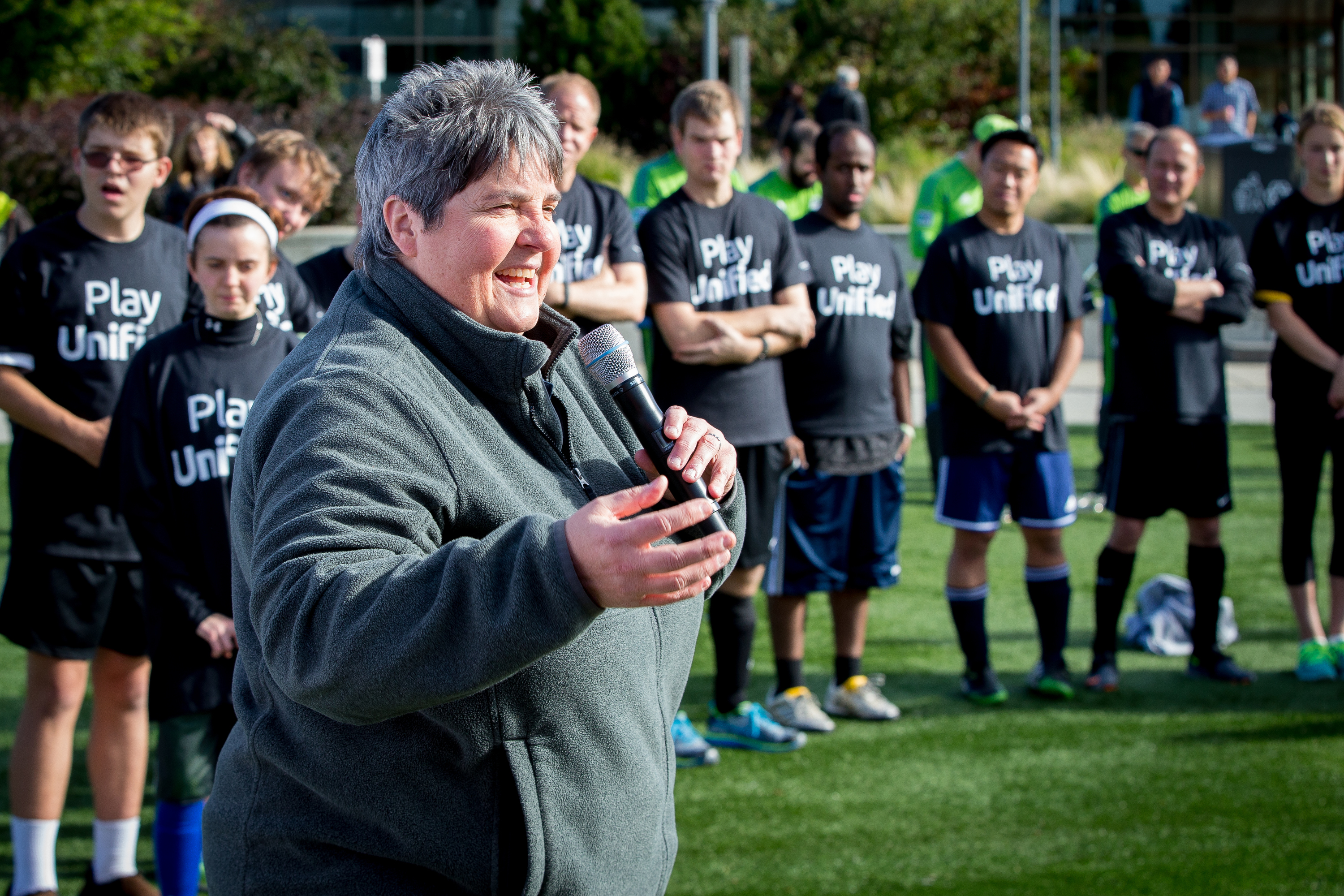Lisa Brummel, Microsoft’s executive vice president of Human Resources, helps celebrate the announcement. 