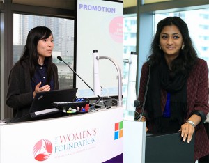 就讀於香港大學的參加者陳凱螢及來自香港科技大學的 Vaishnavi Kaushik於GirlSpark計劃的專案活動中作出報告