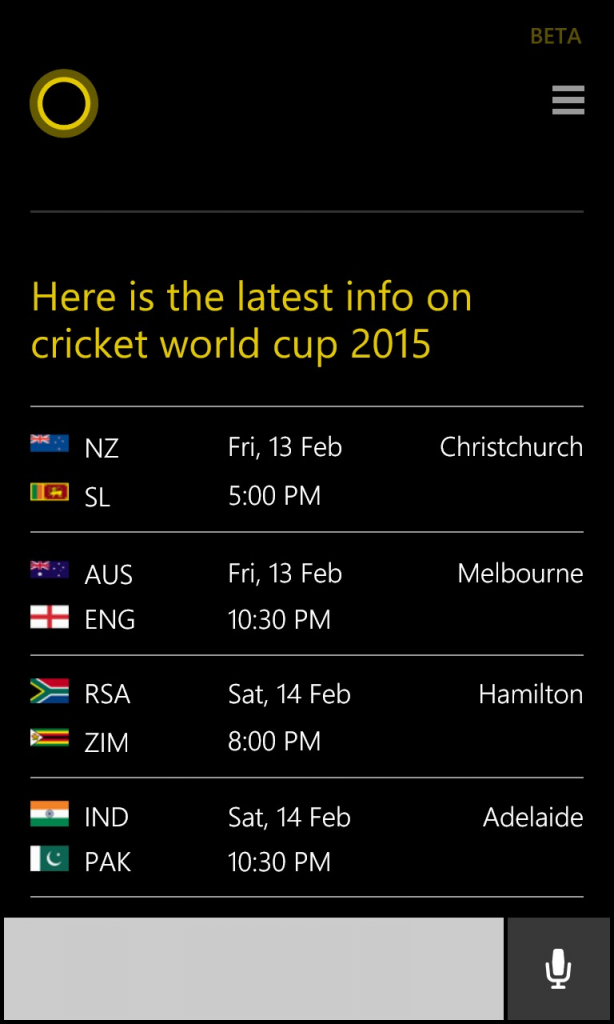 Cortana looks at the Cricket World Cup