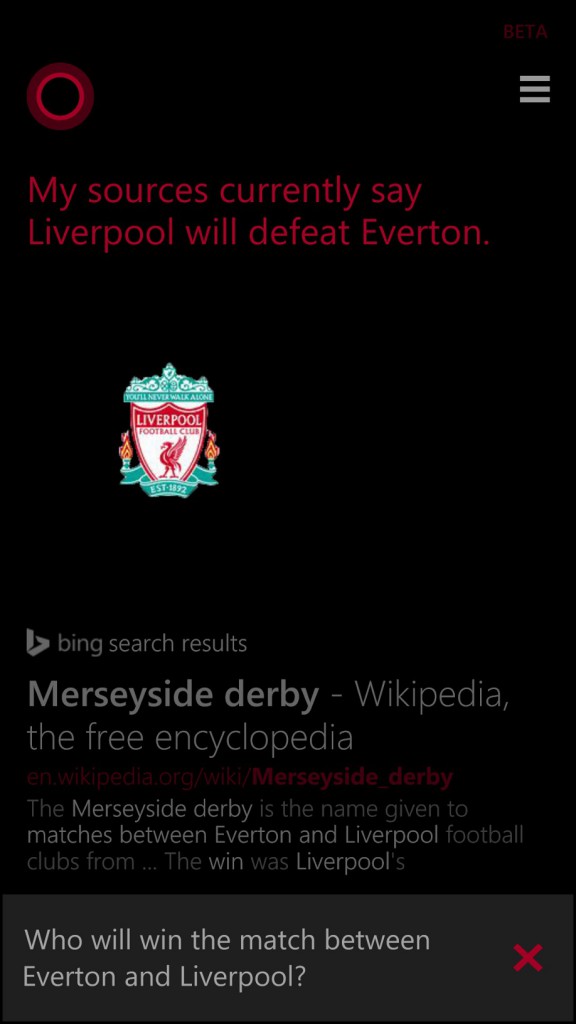 Cortana predicts the result of Liverpool v Everton in the Barclays Premier League